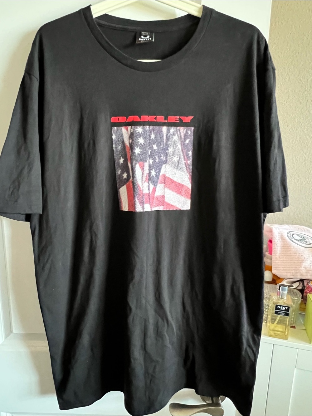 Oakley Black Short-Sleeve Tee with Red & American Flag Graphic